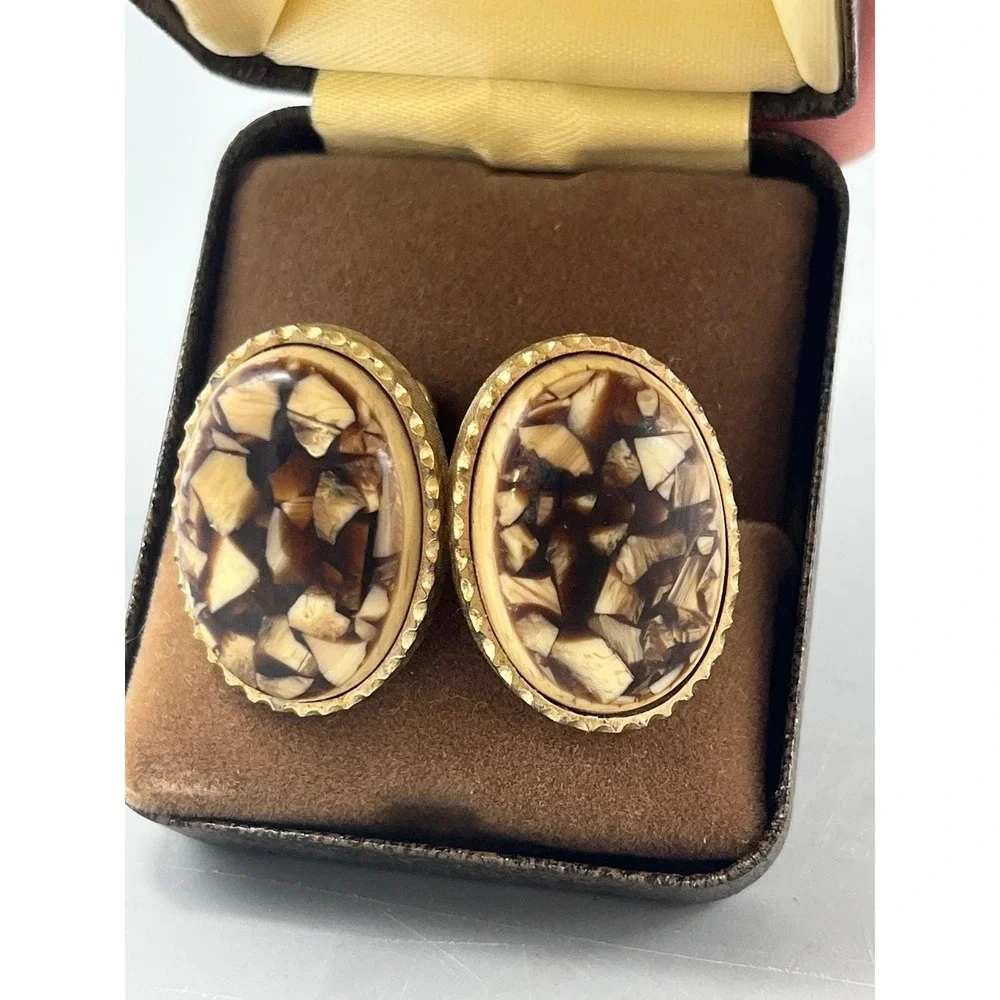 Vintage Peanut Wood Jasper‎ Rare Gold tone Cufflinks